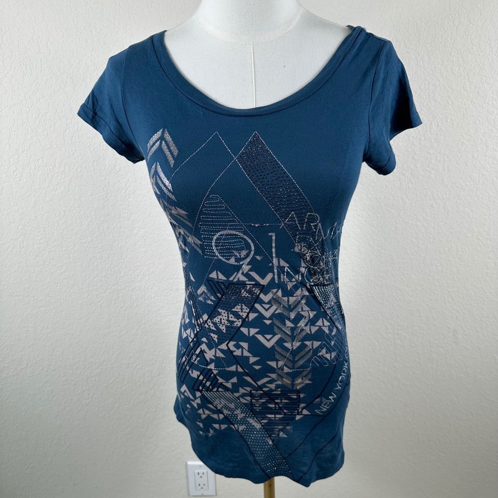 Armani Exchange Teal Silver Foil Studded Graphic Tee Small S NYC Streetwear Top